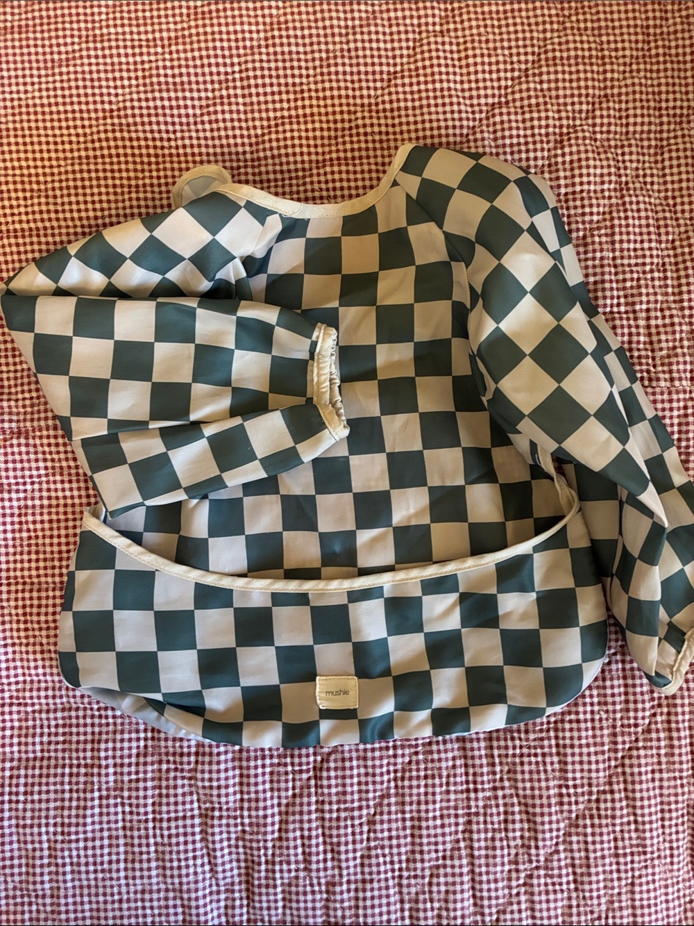 Mushie Green & White Checkered Long-Sleeve Kids Smock